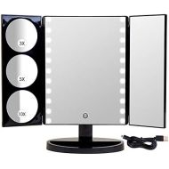 Mirrorvana X-Large LED Lighted Trifold Makeup Mirror - Battery and USB Powered - 1X, 3X, 5X & 10X Magnification