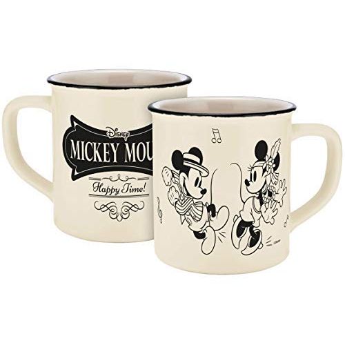 디즈니 Disney Mickey Mouse 13754 Disney Mickey & Minnie Vintage Happy Time Enamel Effect Porcelain Mug Coffee Cup Ceramic Beige