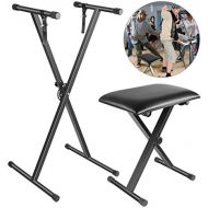Neewer Keyboard Stand and Keyboard Bench Kit: Iron Adjustable Single X-style Keyboard Stand and Comfortable Padded Bench with 3-Position Adjustable Height(Black)
