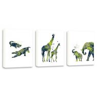Kularoux Gator Wall Art, Boys Room Wall Art, Lime Green And Navy Blue, Giraffe, Elephant, Set of Three Limited Edition Gallery Wrapped Canvases