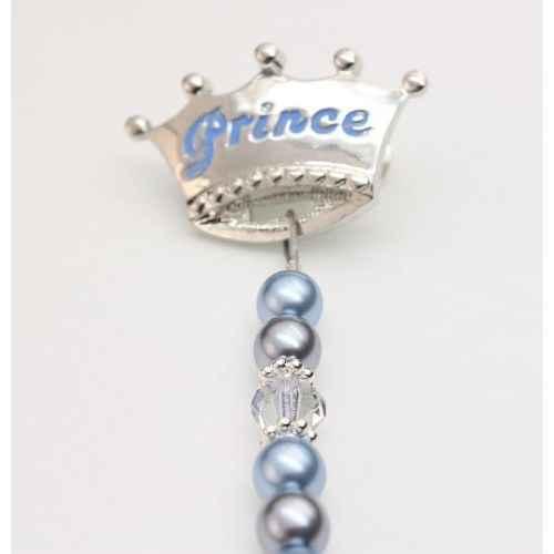  Luxury Keepsake Gift Swarovski Blue Simulated Pearls and Crystals Hand Crafted Enamel Crown Sterling Silver Baby Boy Prince Pacifier Clip 8 inch (CPB)