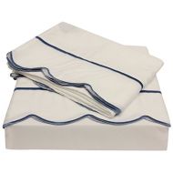 Northpoint Bleu & Blanc Embroidered Hem Scalloped Edge Luxury Sheet Set, Queen, Nautical Blue