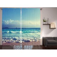 Ambesonne Tropical Island Decor Curtains, Ocean Waves Seychelles Beach in Sunset Time, Window Drapes 2 Panel Set for Living Room Bedroom, 108 W X 84 L inches