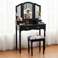 Giantex Vanity Set Dressing Table with 4 Drawers, Tri-Folding Large Mirror Curved Wood Legs Removable Organizers Top Writing Desk Vanities Gift for Girls, Makeup Dressing Table w/C