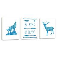 Kularoux Be Kind Be Brave, Quote Wall Art, Wolf art, Stag Watercolor Painting, Set Of Three Limited Edition Gallery Wrapped Canvases
