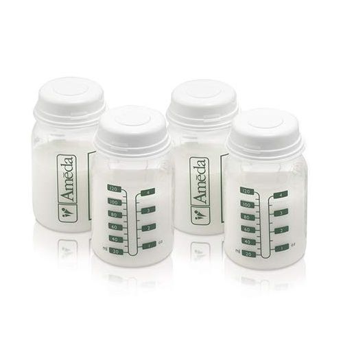  Ameda Breast Milk Storage Bottles Includes: (4) 4oz. Bottles with (4) 2-Piece Lock-Tight Caps, for Breast Milk Storage, Fits with Ameda Brand Pumps, Finesse & Most Standard Breast