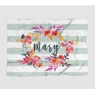 Personalized Baby Blanket - Floral Grey Stripe Wreath - Frame - 50 X 60 - Plush Fleece Swaddle - Baby Girl Bedding - Cute Floral - Birth Announcement - Baby Shower Gift