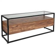 Taylor + Logan Glass Coffee Table with Two Drawers and Shelf in Rustic Wood Grain Finish