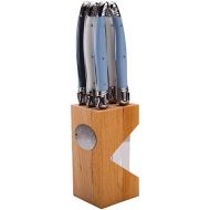 Jean Dubost 6 Atelier Collection Steak Knives in an Open Beech Wood Box, WhiteDark BlueLight Blue