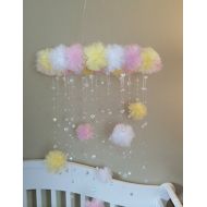 JennabooBoutique pink and yellow mobile, crystal baby mobile, princess baby mobile, princess decoration, tutu mobile, baby mobile, baby girl mobile, nursery decoration, baby girl, puff ball mobile,