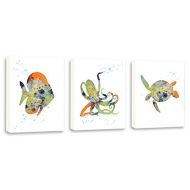 Kularoux Watercolor Art, Fish Art, Sea Turtle, Octopus, Art For Bathroom, Nautical Wall Art, Set Of Three Limited Edition Gallery Wrapped Canvases