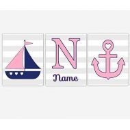 CadenRossCanvas CANVAS Baby Girl Nursery Wall Art Pink Navy Blue Nautical Sailboat Anchor Personalized Name Bath Prints Baby Nursery Decor