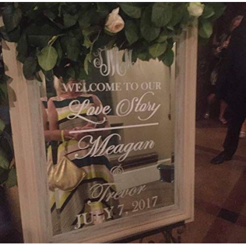 Maple Enterprise Wedding Welcome Mirror Vinyl Decal Sign Customized Bride and Groom Name (White, 20 X 32)