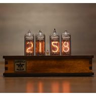 VintageTubeClocks Nixie Tube Clock 4x IN-14 Nixie Tubes Vintage Retro Desk Clock Fully Assembled and Tested Wooden Alder Case Firefly