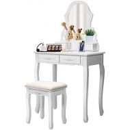 Giantex Vanity Table Set with Mirror for Makeup Modern Cushioned Bench Stool Bedroom Wood Style Furniture Top Removable Multifunctional Writing Desk Dressing Tables for Girls (Whit