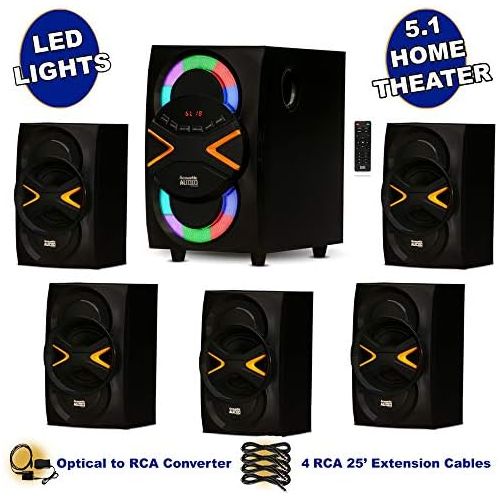  Acoustic Audio by Goldwood Acoustic Audio AA5210 Home 5.1 Speaker System with Bluetooth, LEDs, FM, Optical Input and 4 Ext. Cables