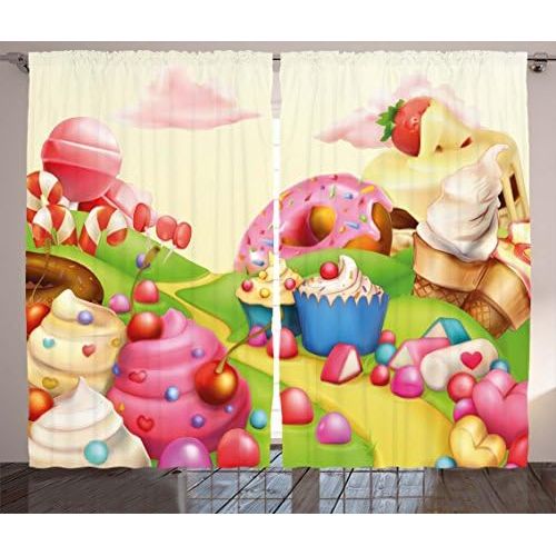  Ambesonne Pink Decor Curtains, Food Theme Sweet Landscape of Candies Cupcakes Lollipop and Ice Cream Print, Living Room Bedroom Window Drapes 2 Panel Set, 108W X 63L inches, Multic