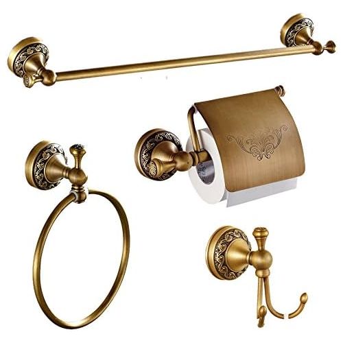  AUSWIND 4-Piece Antique Brass Wall Mounted Bathroom Hardware Set (Toilet Paper holder Robe Hook Towel Bar Towel Rings)