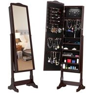 [아마존 핫딜] [아마존핫딜]LANGRIA 10 LEDs Free Standing Jewelry Cabinet Lockable Full-Length Mirrored Jewelry Armoire with 5 Shelves, Organizer for Rings, Earrings, Bracelets, Broaches, Cosmetics, Brown