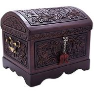 NOVICA Brown Bird Theme Treasure Chest Tooled Leather and Wood Decorative Box, Andean Flight