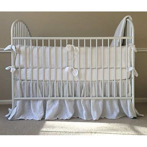  SuperiorCustomLinens Neutral White Baby Bedding finished with leaf shaped ties, Handmade Natural Linen Crib Bedding Set, White Baby Bedding Set, FREE SHIPPING