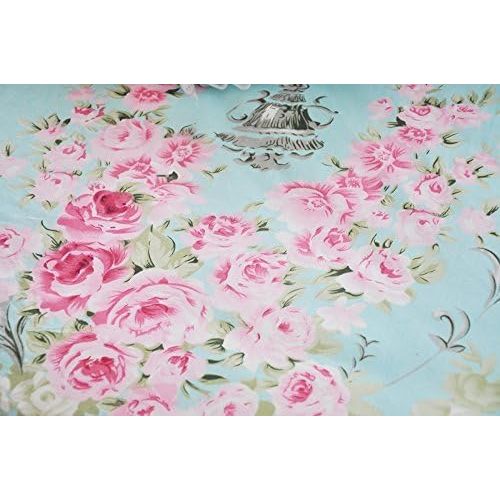  LELVA Romantic Rose Flower Print Bedding for Girls Floral Bed Skirt Set 4 Piece Princess Lace Ruffle Duvet Cover Set Full Blue