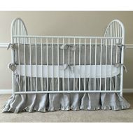 SuperiorCustomLinens Crib bumper with leaf shaped tie knot and piping edge, paired with self-ruffled crib skirt, handmade in natural linen, FREE SHIPPING