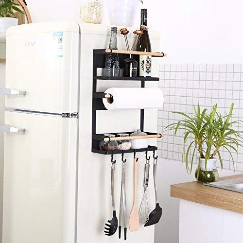  Great Circle Kitchen Rack - Magnetic Fridge Organizer - 18.1x12.7x5 INCH - Paper Towel Holder, Rustproof Spice Jars Rack, Heavy-duty Refrigerator Shelf Storage Including 6 Removable Hooks (WHIT