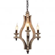 LB Lighting Vintage 3-Light Rustic Iron Wood Chandelier Wooden Chandeliers Swag Lamp Pendant Ceiling Light Fixtures