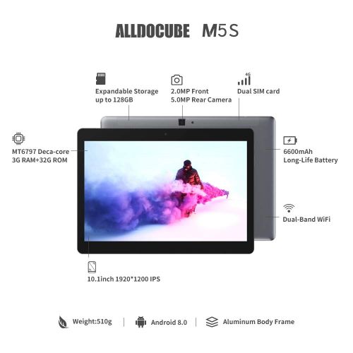  ALLDOCUBE M5S Tablet PC, 10.1 inch 1920x1200 IPS Screen, MTK X20 Deca core, 3GB RAM, 32GB ROM, Android 8.0, Dual Band WiFi, Bluetooth 4.2, Gery