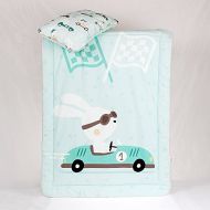 NuvaArt Boy Minky Baby Bedding Set Crib, Racer Rabbit Bunny in car, Baby blanket and Flat pillow, Mint | Nuva
