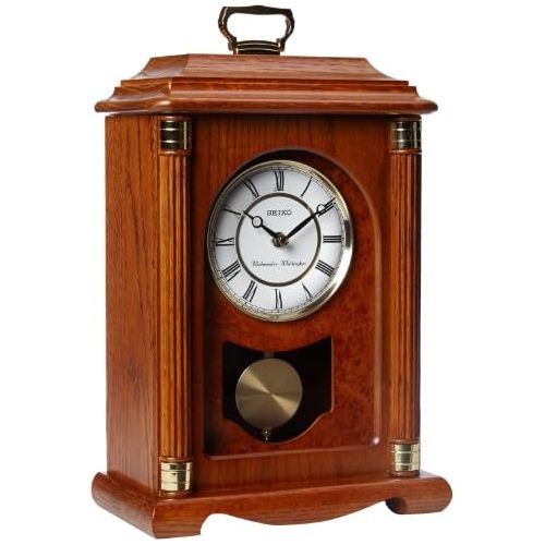 세이코 Seiko Mantel Chime with Pendulum Carriage Clock Dark Brown Solid Oak Case Metal Accents