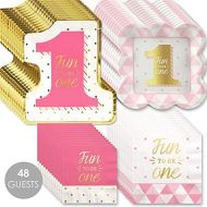 Big Dot of Happiness Fun to be One - 1st Birthday Girl with Gold Foil - Party Tableware Plates, Cups, Napkins - Bundle for 48