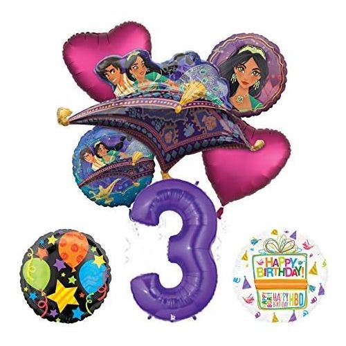  Mayflower Products Aladdin 3rd Birthday Party Supplies Princess Jasmine Balloon Bouquet Decorations - Purple Number 3