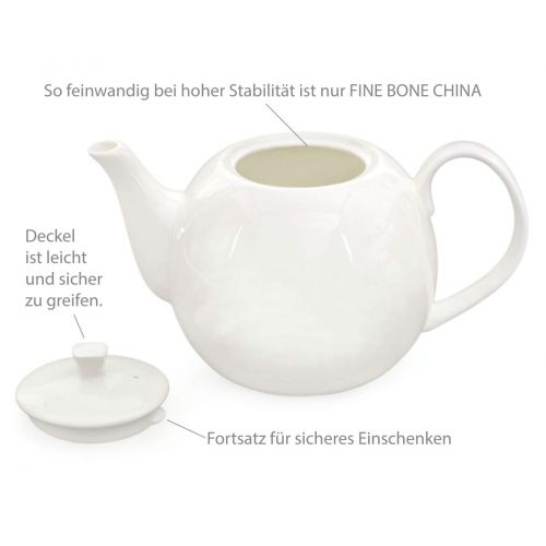  Buchensee Teeservice aus Fine Bone China Porzellan. Teekanne in fein-cremigem Weiss mit 1,5l Fuellvolumen, 2 Teetassen und 2 Unterteller.