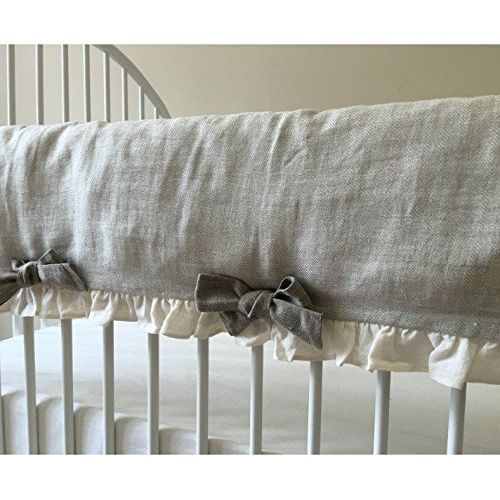  SuperiorCustomLinens Natural Linen Crib Rail Guard - Scalloped with ruffle hem, Crib Rail Cover for Teething, Handmade Bumperless Crib Bedding Set, Baby Bedding Set, FREE SHIPPING