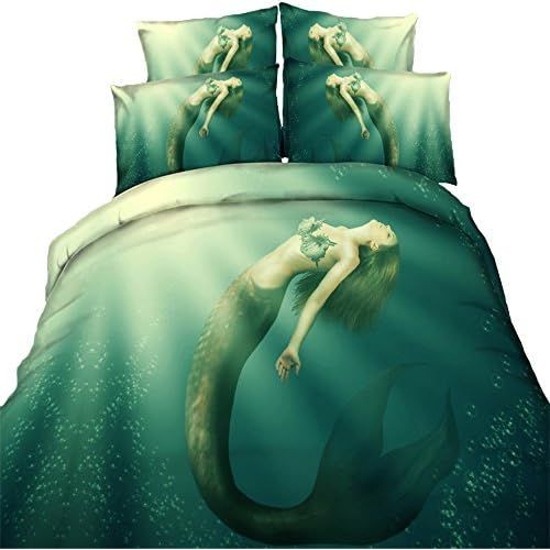  EsyDream 3D Oil Painting Mermaid Princess Duvet Cover Sets Queen Size 4 Pieces,100% Cotton Mermaid Girls Gift Bedding Sheet,Full/Queen Size (4PC/Set)