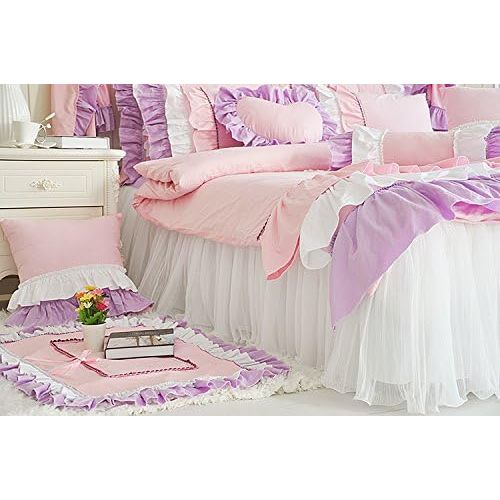  LELVA Solid Color Ruffle Wrinkle Duvet Cover Set Twin 4 Piece Lace Bed Skirt Cotton Princess Bedding for Girls Pink