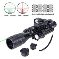 Hiram Parallax Adjustable 4-16x50EG Rifle Scope Combo with Green Laser, Reflex Sight, and 5 Brightness Modes Flashlight