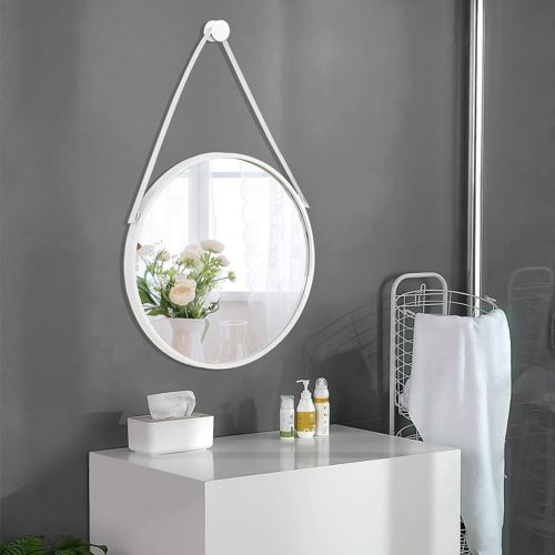  LAXF-Mirrors Metal Framed Decorative Wall Mirror with Hanging Strap, Round Bathroom Mirrors for Bedroom, Bathroom and Living Room White
