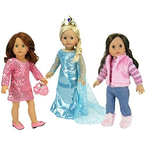 Sophias 18 Inch Doll Clothing Set with Ice Blue Princess Dress and Tiara, Pink Striped T, Fur Vest, Jeans and Fur Boots in Pink, Pink Sequin Dress, Satin Purse and Silver Kitten Heels