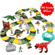 [아마존베스트]Meland Dinosaur Race Track Car Toy Set - 192pcs Flexible Trains Tracks Playset Gifts for 3 4 5 6 7 8 Year Old Boys with 4 Dinosaurs, 2 Race Cars