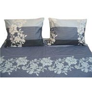 DaDa Bedding Full Floral Flat Sheet-3-Pieces Royal Navy Blue Cotton-Elegant Striped w/Pillow Cases Set Full, Full