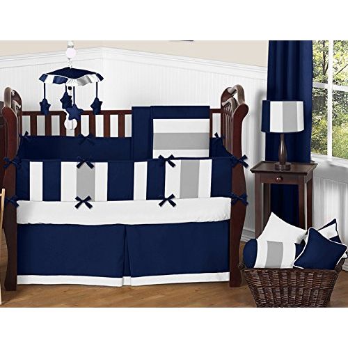  Sweet Jojo Designs Navy Blue and Gray Stripe Collection Crib Bumper