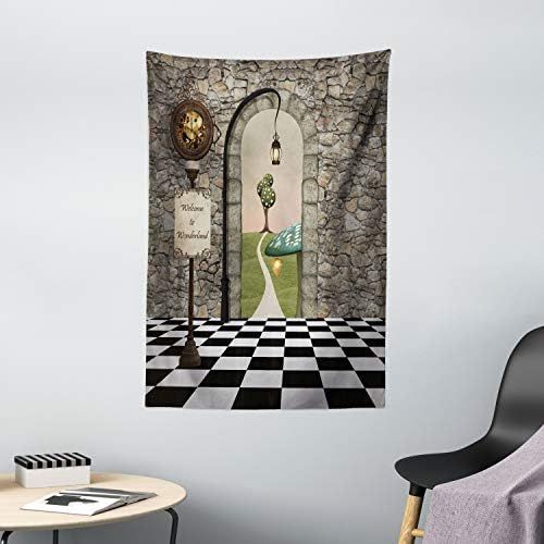  Ambesonne Alice in Wonderland Tapestry, Welcome Wonderland Black and White Floor Landscape Mushroom Lantern, Wall Hanging for Bedroom Living Room Dorm Decor, 40 X 60, Black Green