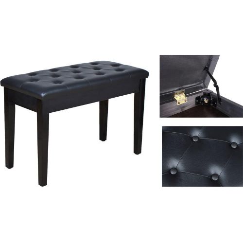  Fortunershop fortunershop Black Leather Ebony Polish Concert Duet Piano Bench Padded Keyboard Storage Seat