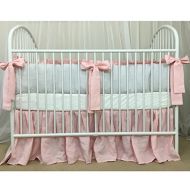 SuperiorCustomLinens Stone Grey Ticking Striped Bumper, Pink Sash Ties and Pink Skirt, Crib Bedding Set, FREE SHIPPING