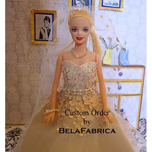  BelaFabrica Custom Barbie size wedding dress Replica Ballgown Flower Applique A-line 1:6 Scale Wedding Centerpiece For Her Him Them Miniature Doll size Wedding Gown Bridal Shower Barbie Fashio