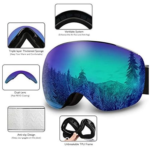  [아마존베스트]AKASO OTG Ski Goggles, Snowboard Goggles, Mag-Pro Magnetic Interchangeable Lenses, Anti-Fog, 100% UV Protection, Helmet Compatible, Snow Goggles for Men & Women, Free Balaclava Ski