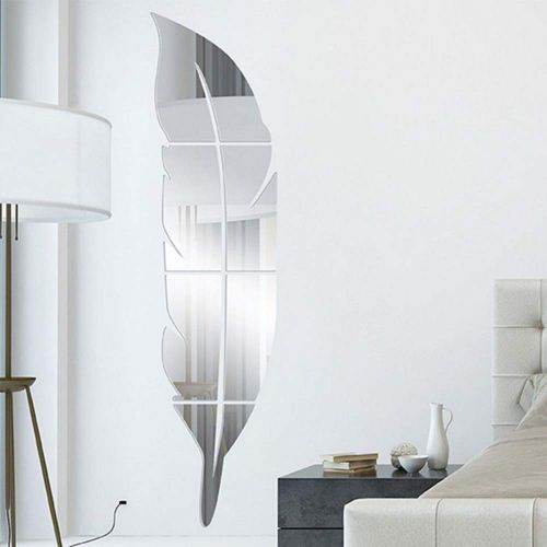  Tcplyn Premium Quality Modern Feather DIY Acrylic Mirror Wall Stickers Room Decoration Bedroom Home Decor Silver